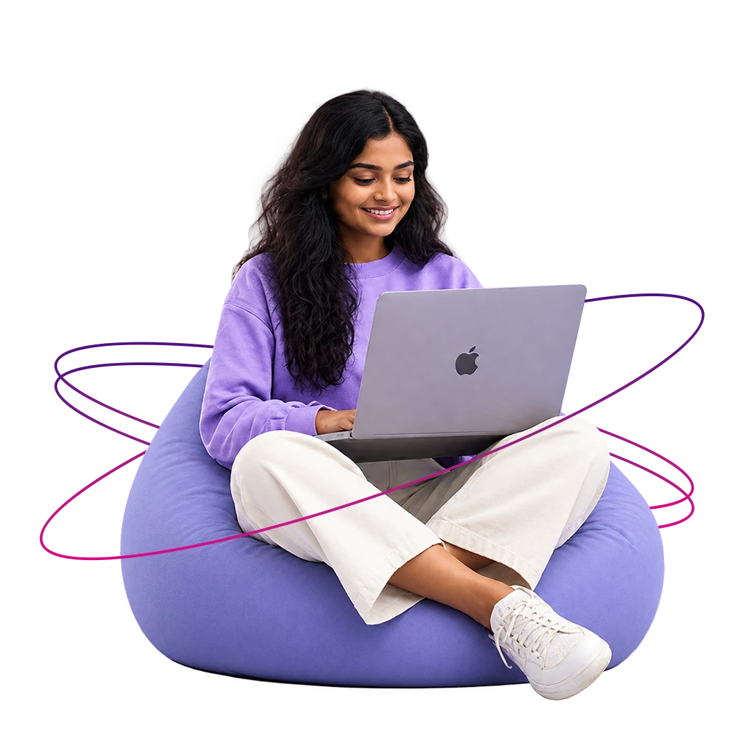 AYA student relaxing beside a phone showing a digital marketing dashboard